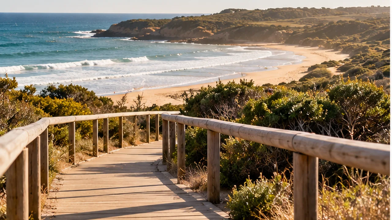A timber boardwalk leads through coastal dunes towards the ocean.