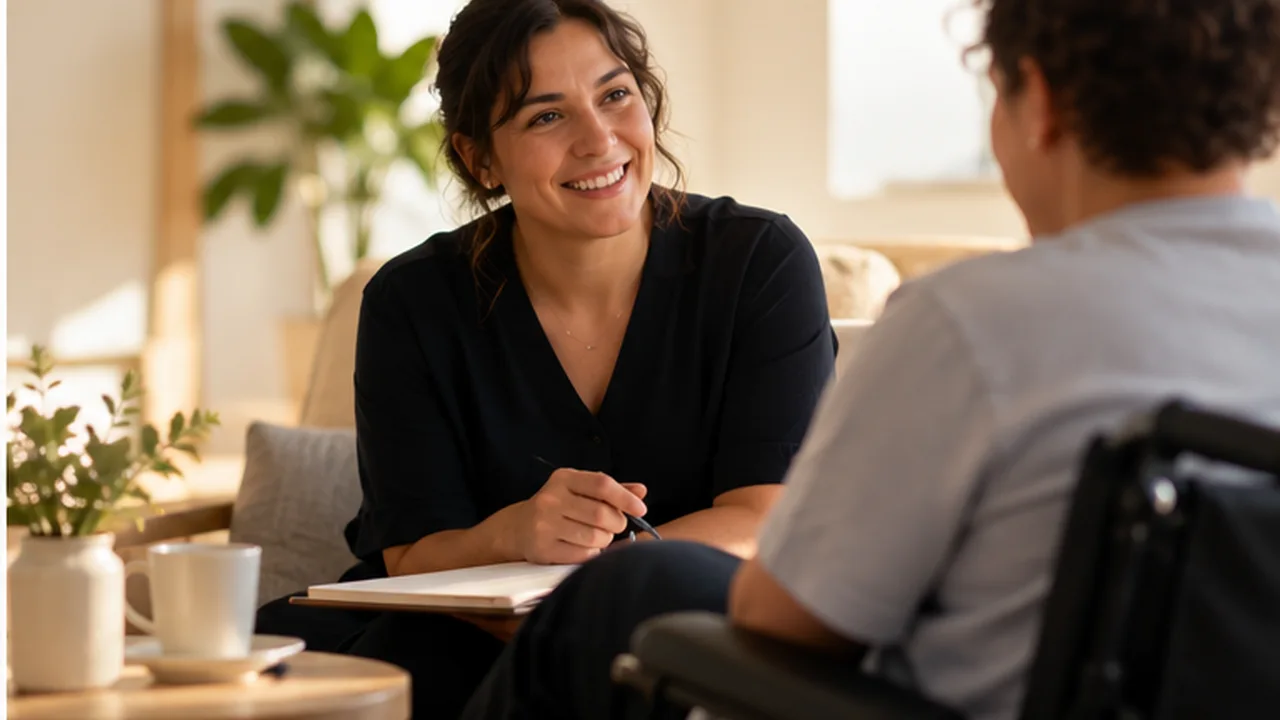 Two adults share a conversation in a light-filled room.