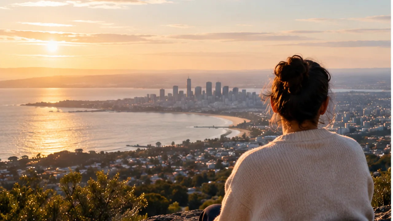 A person looks towards the coast in warm evening light.