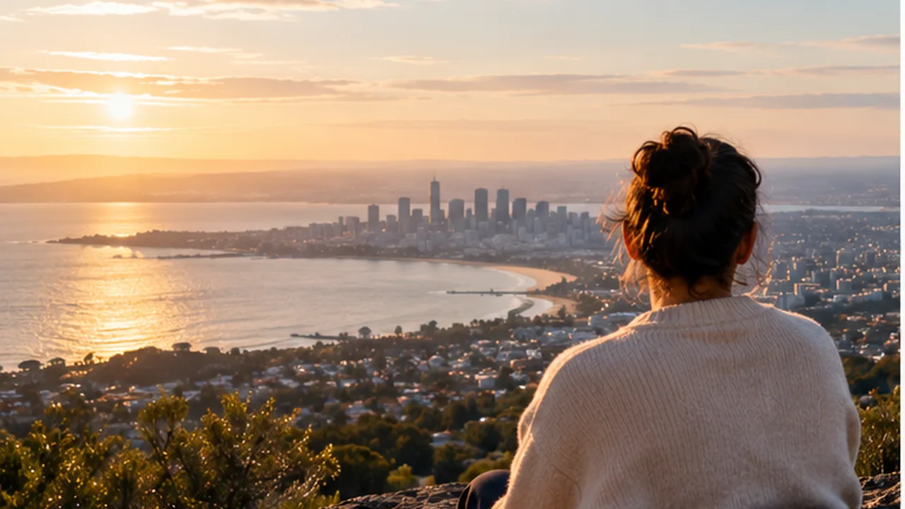 A person looks towards the coast in warm evening light.
