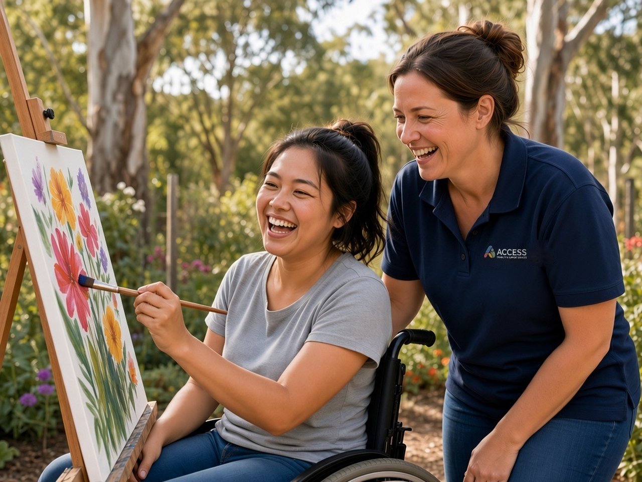 A young woman in a wheelchair laughs as she paints flowers at an easel in a garden, with an Access support worker laughing beside her.