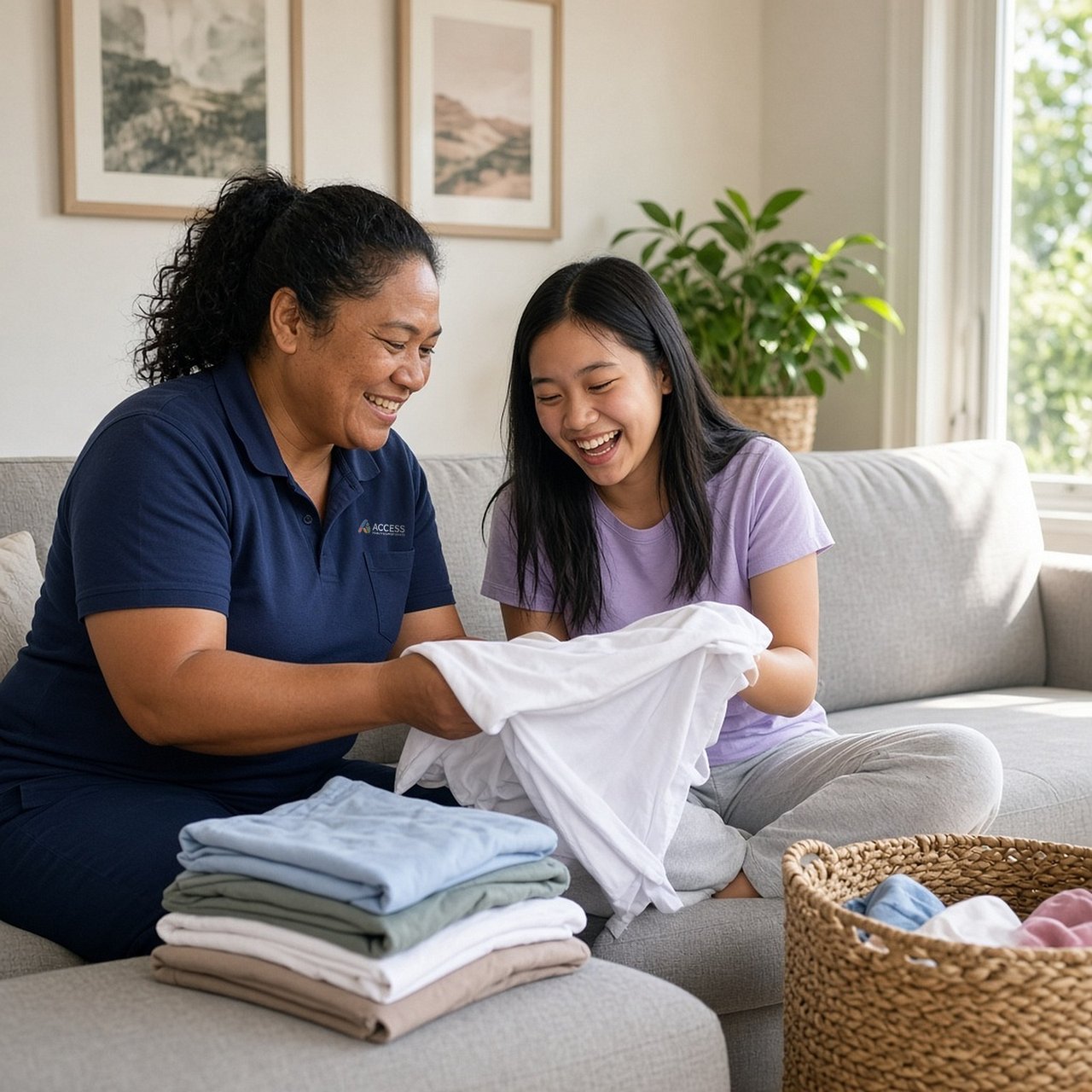A teenage girl laughs as she folds laundry on the sofa with an Access support worker in a navy polo.