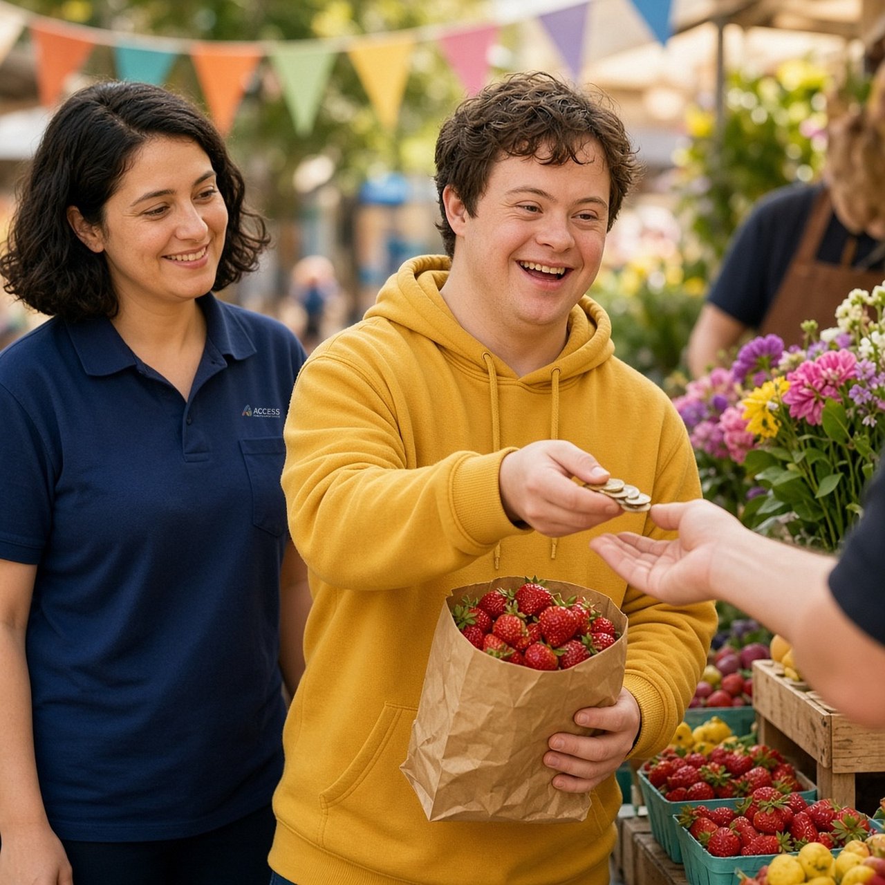 A young man smiles as he buys strawberries at a market, with an Access support worker in a navy polo beside him.