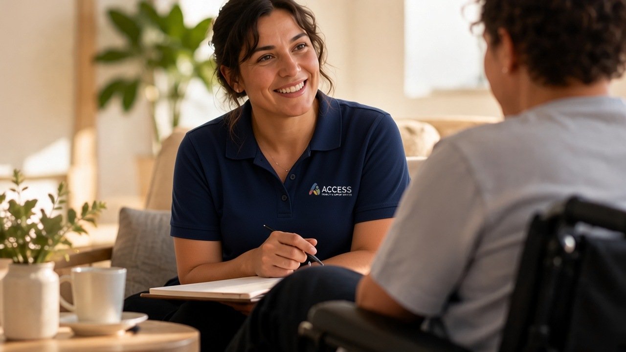 A support worker in a navy Access polo smiles and takes notes while talking with a person who uses a wheelchair.